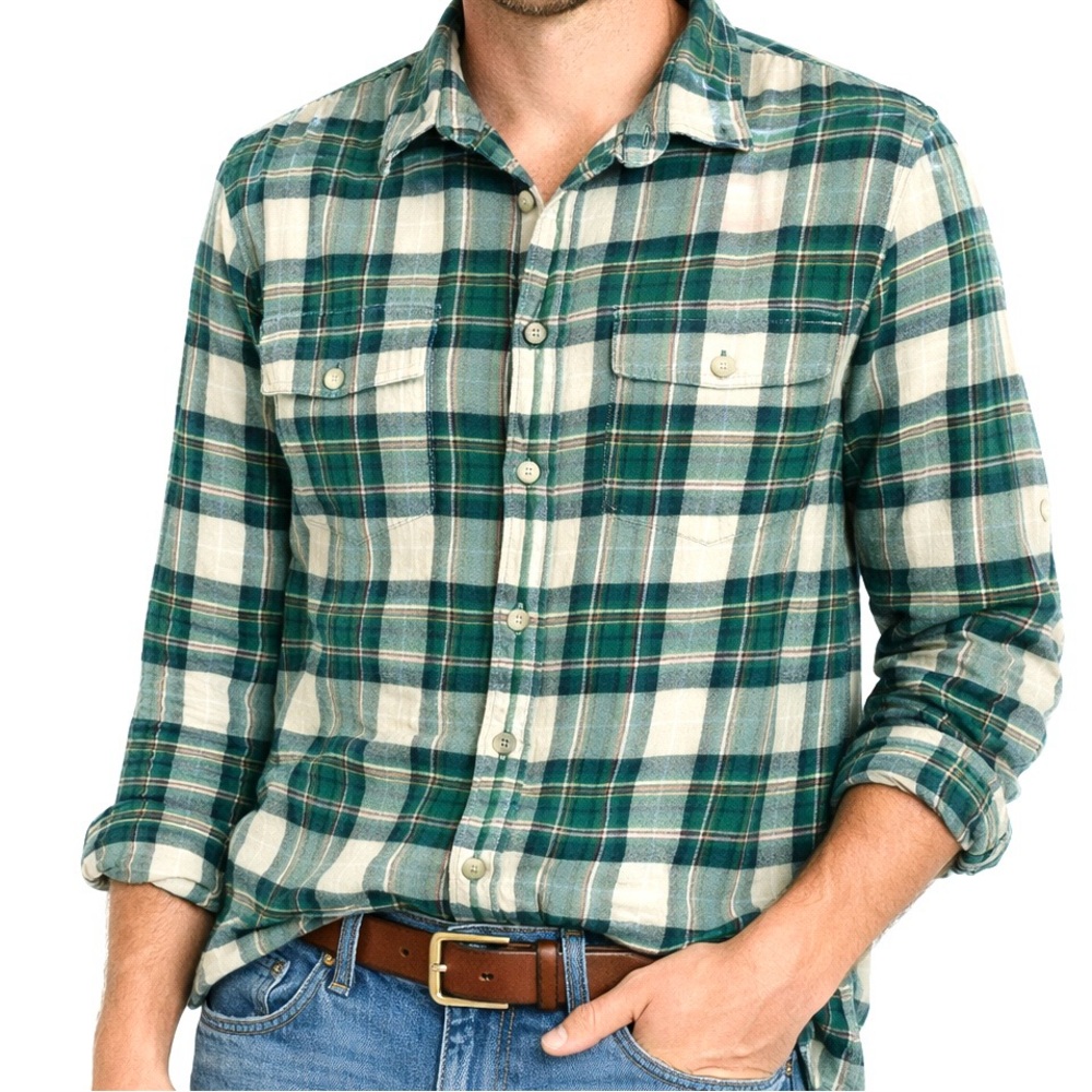 Lucky Brand Plaid Button Down Classic Shirt Green Cream Soft Cotton Men’s M